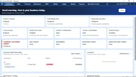RENVORIQ OS Business Dashboard showing sales, customer due, supplier payable and stock